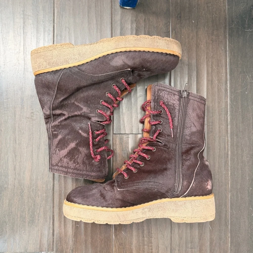 Free People Taos Cow Hair Leather Lace Up Lug Crepe Sole Boots Sz 11 Burgundy